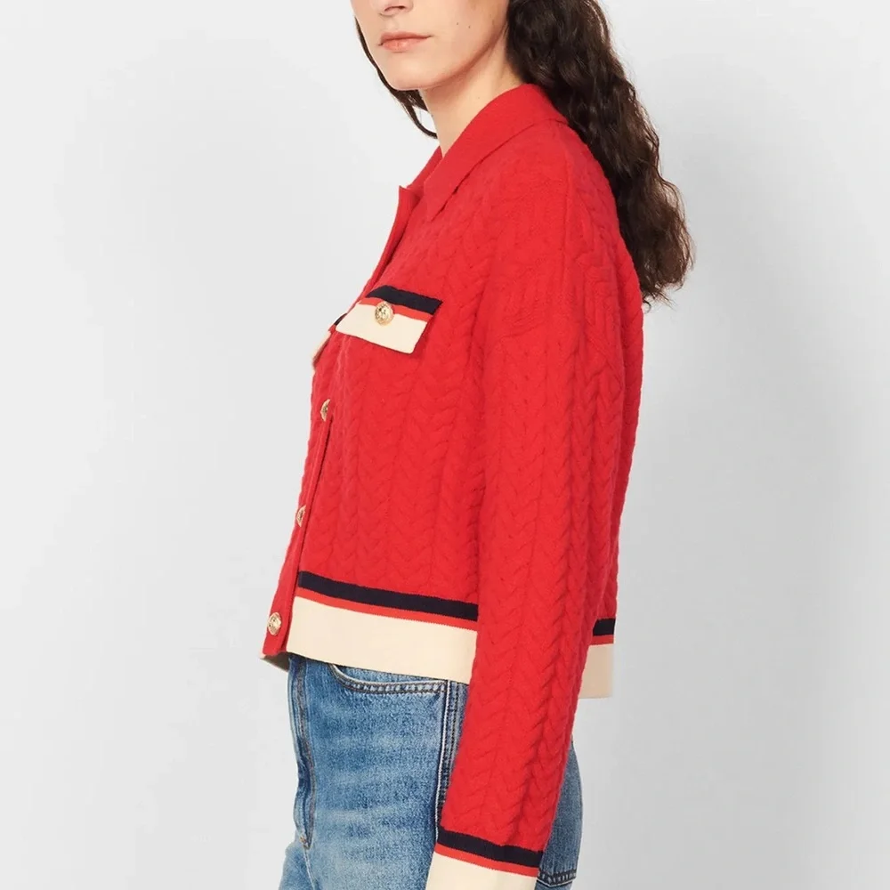 Sandro Idriss Cable-Knit Wool cardigan size 4 - Picture 3 of 11